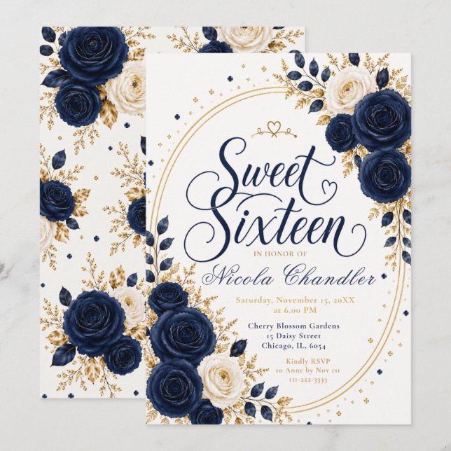 Elegant Navy Sweet 16 Einladung (Vorne/Hinten)
