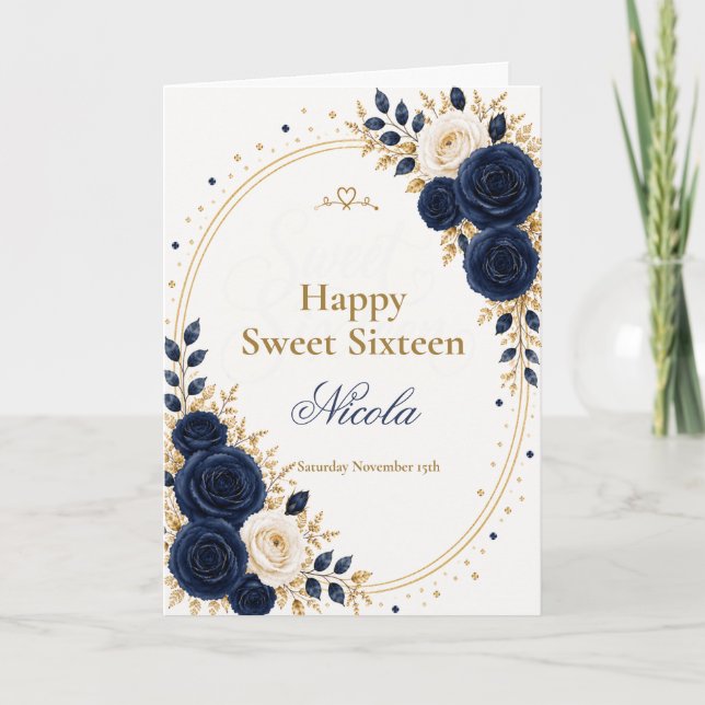 Elegant Navy Sweet 16 Karte (Vorderseite)