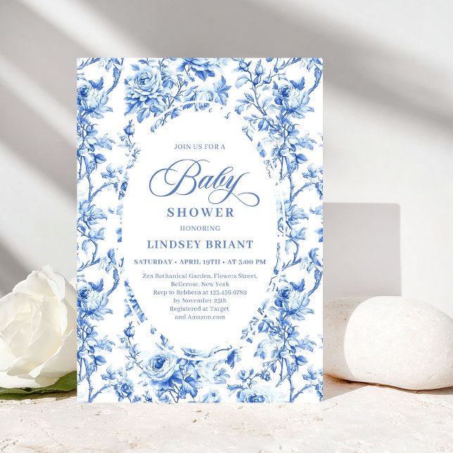 Elegant Navy Toile de Jouy Rose Baby Shower Invite Einladung (Luxury Navy Blue Toile Rose Baby Shower Invitation)