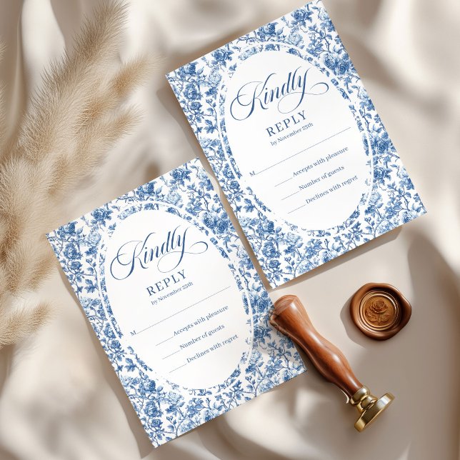 Elegant Navy Toile Roses Wedding RSVP Card  Karte (French toile de jouy roses,
Luxurious navy roses wedding rsvp,
dusty Blue flowers botanical garden,
)