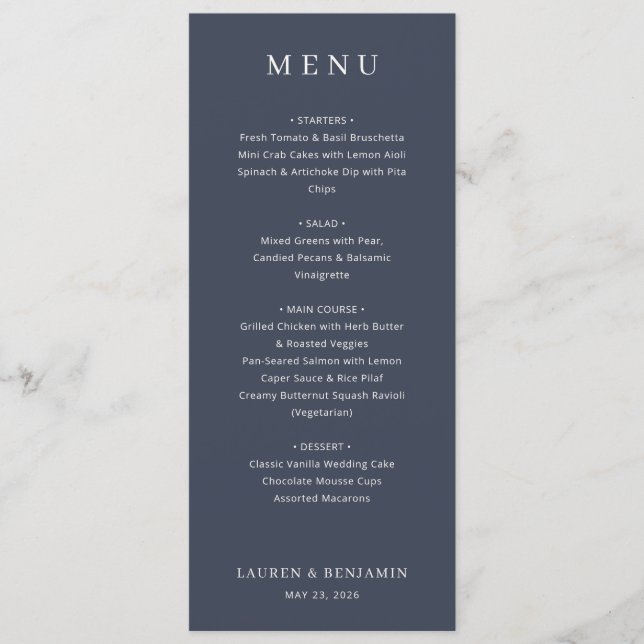 Elegant Navy Typographic Menu Menükarte (Vorderseite)
