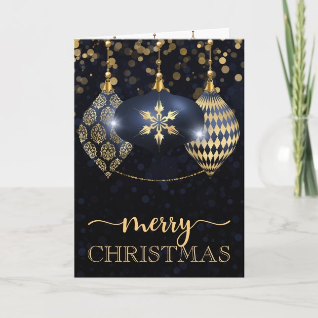 Elegant Navy und Gold Bauble Frohe Weihnachten (Vorderseite)