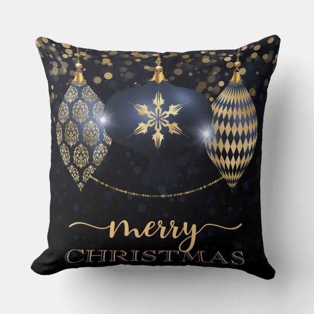 Elegant Navy und Gold Bauble Frohe Weihnachten Kissen (Vorderseite)
