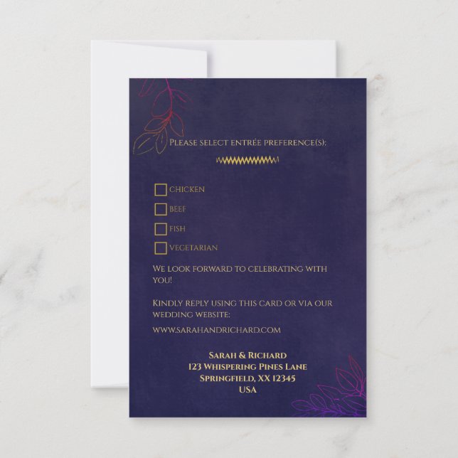 Elegant Navy Velvet Gold Accents Wedding RSVP Karte (Rückseite)