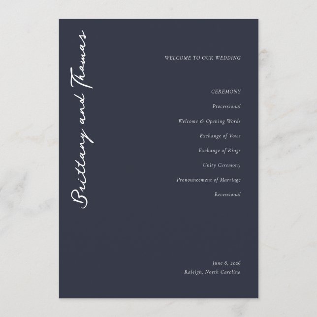 Elegant Navy Wedding Ceremony Program Programm (Vorderseite)
