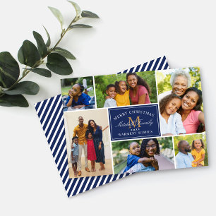 Elegant Navy Weihnachts Monogram Foto Collage Feiertagskarte