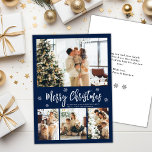 Elegant Navy White 4 Foto Collage Weihnachten<br><div class="desc">Elegante, moderne Marine und White 4 Foto Collage Frohe Weihnachts Script Holiday Card. Dieses festliche, skurrile, minimalistische (4) vier Foto Urlaubskarte-Template verfügt über eine hübsche Foto-Collage, etwas Schneeflocke und sagt Frohe Weihnachten! Der Grußtext "Frohe Weihnachten" ist in einem schönen, weißen Schriftart geschrieben, der Schrift Typografie auf marineblau Hintergrund. Auf der...</div>