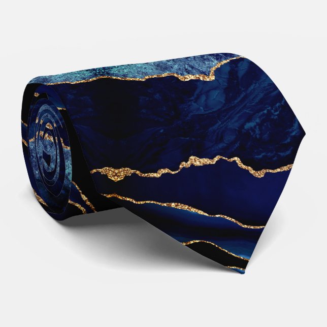 Elegant Neck Tie Agate Navy Blue Gold Marmor Krawatte (Gerollt)
