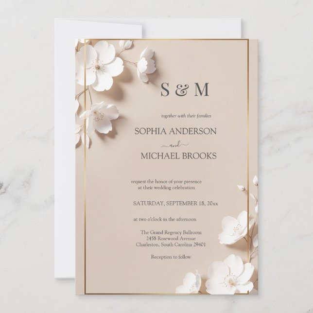 Elegant Neutral Magnolia White Floral Wedding  Einladung (Vorderseite)