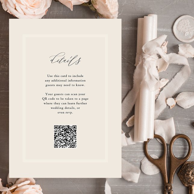 Elegant Neutral Modern Wedding Details QR Code Begleitkarte (A simple, neutral wedding details card with QR code so your guests can visit your website or rsvp)