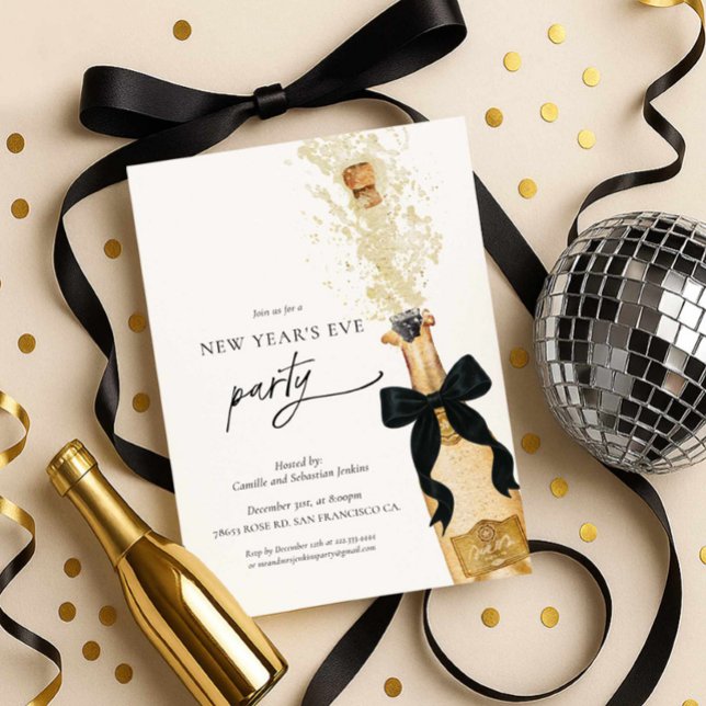Elegant New Years Eve Party Invitation Einladung (New Year's Eve Party Invitation - Gold Champagne Bottle with Black Bow)