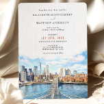 Elegant New York City Skyline Brooklyn Bridge Einladung<br><div class="desc">Diese elegante Hochzeitseinladung enthält eine wunderschön detaillierte Aquarellbild der Brooklyn Bridge mit der berühmten New Yorker Skyline als Kulisse. Das Kunstwerk vereint einen ruhigen blauen Himmel mit weichen Wolken und einem lebendigen Stadtbild. Blau, Gold und Elfenbein sorgen für ein ruhiges und dennoch elegantes Ambiente, das sich perfekt für eine Hochzeit...</div>