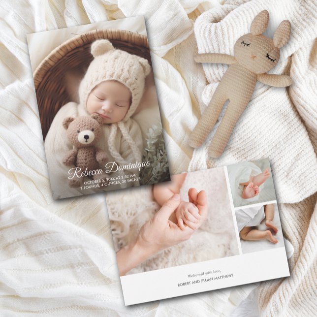 Elegant Newborn Foto Collage Birth Ankündigung (Elegant newborn multiple photo collage birth announcements PRINTED & INSTANT DOWNLOAD)