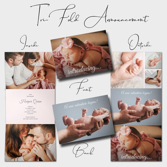 Elegant Newborn Foto Collage Dreifach Gefaltete Ankündigung (Elegant newborn photo collage tri-fold birth announcements)
