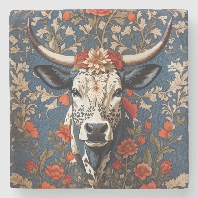 Elegant Nguni Cow William Morris Inspiriert Steinuntersetzer (Vorderseite)