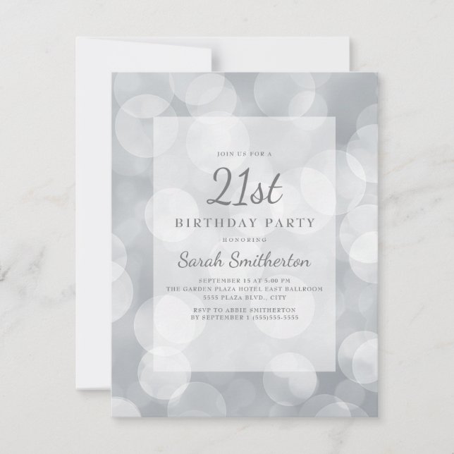 Elegant Niedlich Glittery Silver Bokeh 21. Geburts Einladung (Vorderseite)