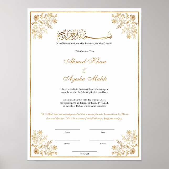 Elegant Nikkah Certificate Muslim Islamic Wedding Poster (Vorne)