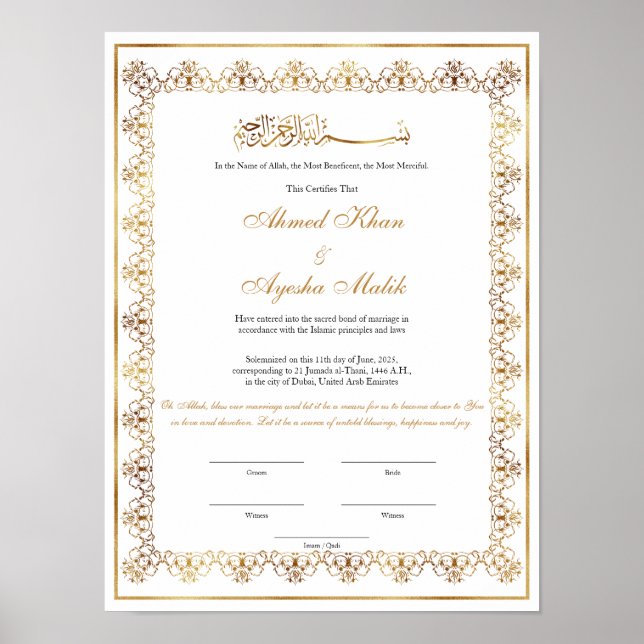 Elegant Nikkah Certificate Muslim Islamic Wedding Poster (Vorne)