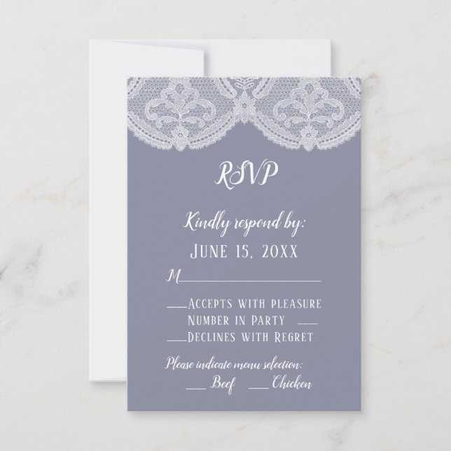 Elegant Nostalgic Lace Steel Blue Wedding RSVP (Vorderseite)