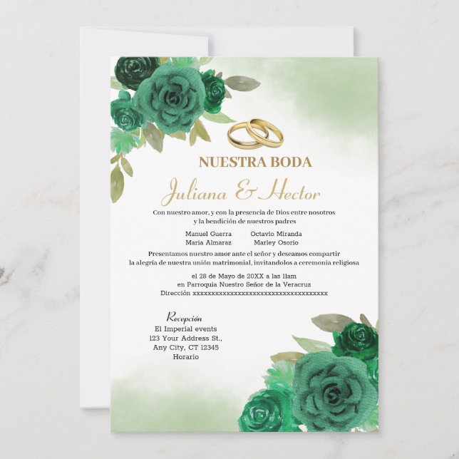Elegant Nuestra Boda Emerald Green Einladung (Vorderseite)