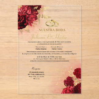 Elegant Nuestra Boda Red Floral Wedding Invitation Acryleinladungen