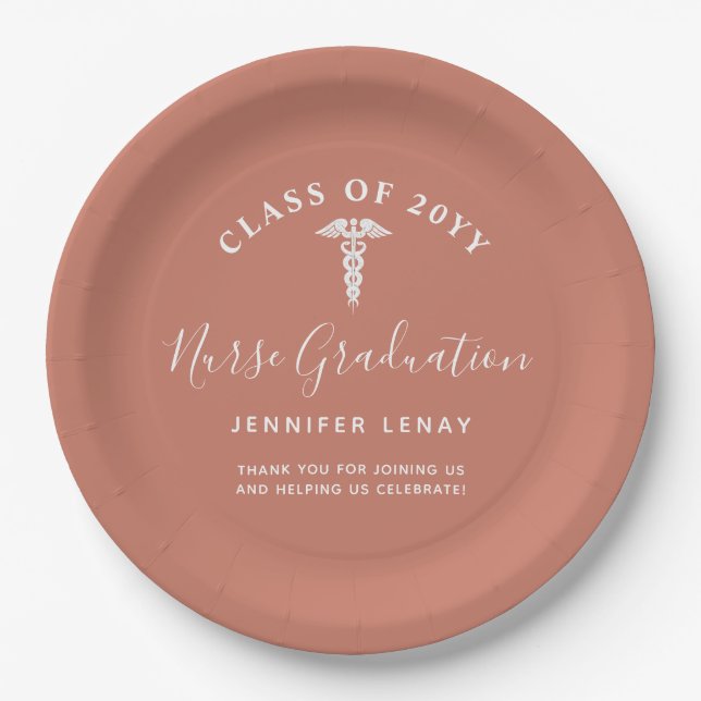 Elegant Nurse Graduation Party Terracotta Name Pappteller (Vorderseite)