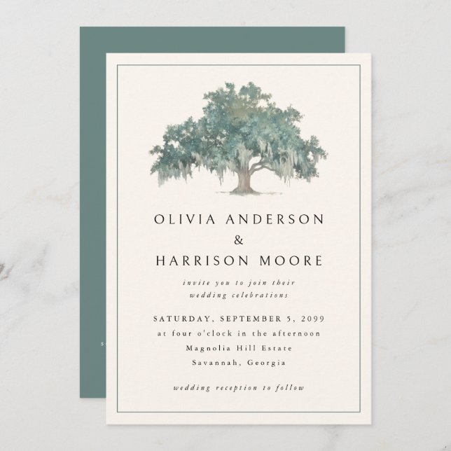 Elegant Oak Tree Green QR Code Southern Wedding Einladung (Vorne/Hinten)