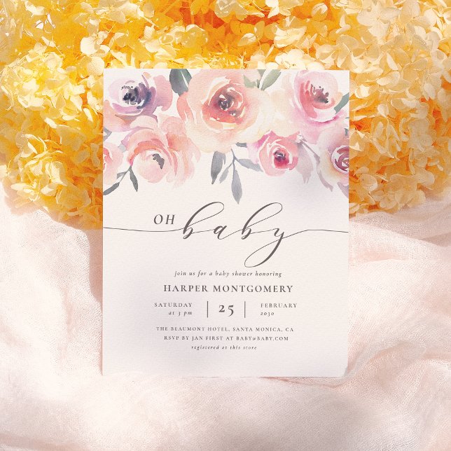 Elegant Oh Baby Lettering Floral Baby Girl Dusche Einladungspostkarte (Von Creator hochgeladen)