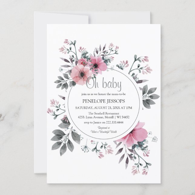 Elegant 'Oh Baby' Pink & Gray Floral Baby Dusche Einladung (Vorderseite)