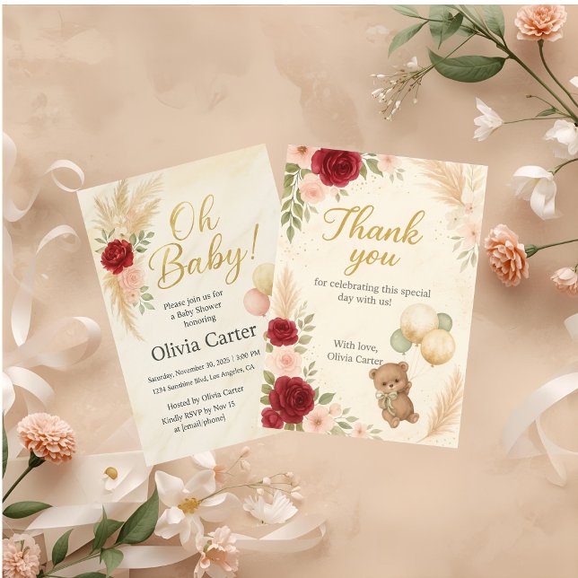 Elegant Oh Baby Shower Invitation with Teddy Bear  Einladung (Von Creator hochgeladen)