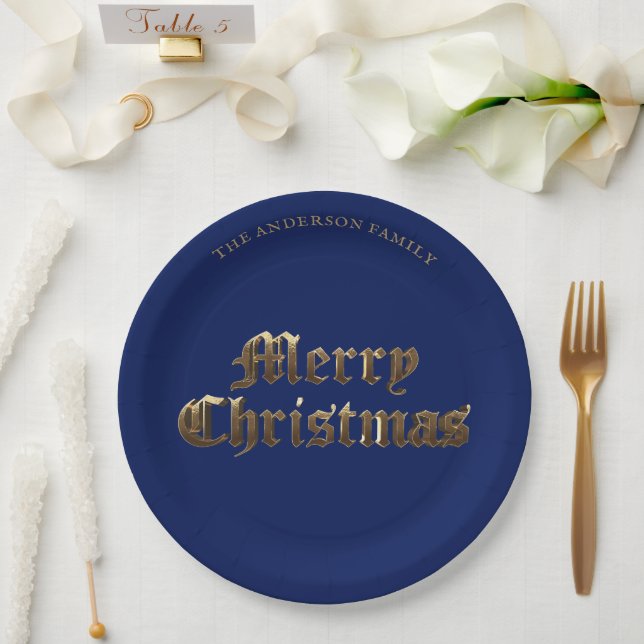 Elegant Old English Lettering Blue Frohe Weihnacht Pappteller (Hochzeit)
