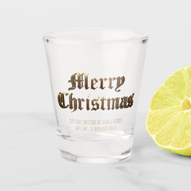 Elegant Old English Lettering Frohe Weihnachten Schnapsglas (Vorderseite)