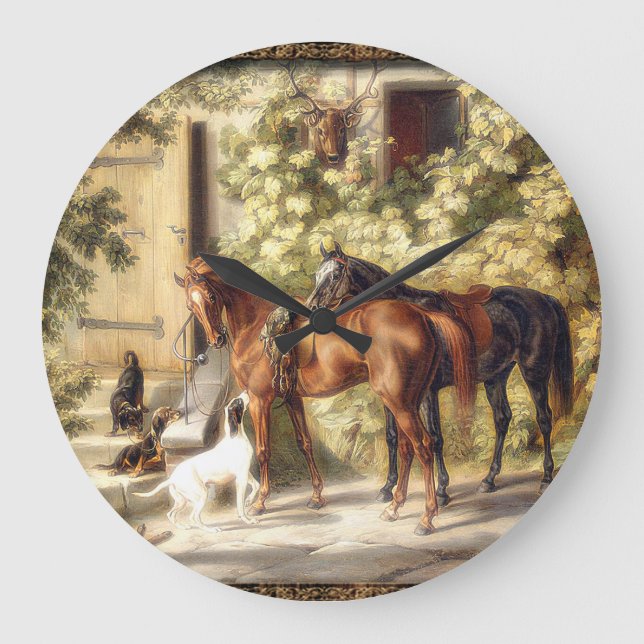 Elegant old fashioned horses equestrian clock große wanduhr (Vorderseite)