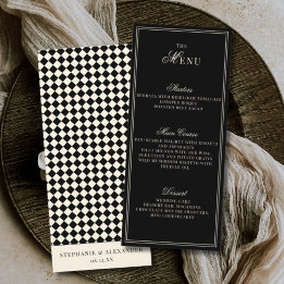 Elegant Old Money Black Ivory Checkered Wedding Menükarte