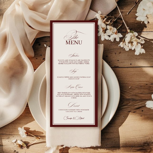 Elegant Old Money Wedding Red Dinner Menu Card Menükarte (Von Creator hochgeladen)