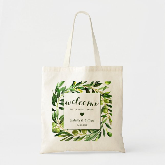 Elegant Olive Boho Garden Wedding Welcome Gefallen Tragetasche (Vorne)