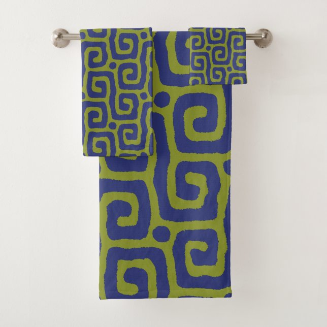 Elegant Olive Green &blue Abstract Pattern Badhandtuch Set (Insitu)