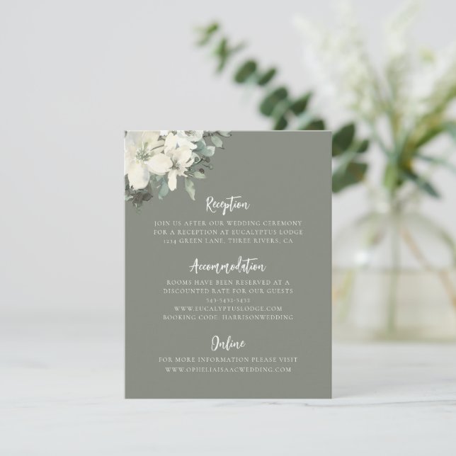 Elegant Olive Green Floral Wedding Enclosure Card Begleitkarte (Stehend Vorderseite)