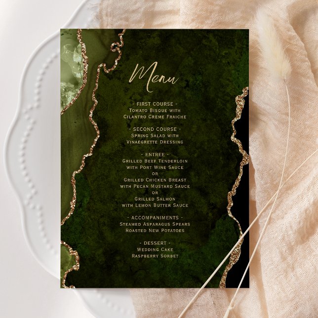 Elegant Olive Green Gold Agate Wedding Menu Menükarte (Von Creator hochgeladen)