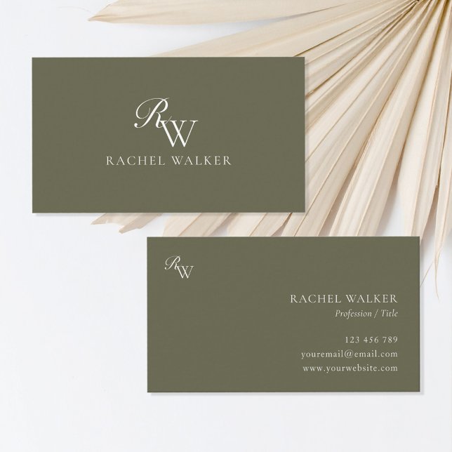 Elegant Olive Green Monogram Visitenkarte (Von Creator hochgeladen)
