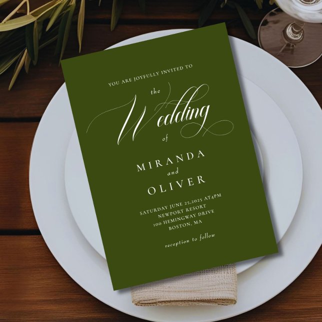 Elegant Olive Green Script Wedding Einladung (Von Creator hochgeladen)