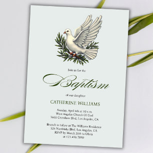 Elegant Olive Green Script White Dove Taufe Einladung