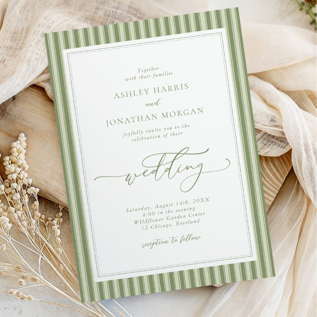Elegant Olive Green Stripes Wedding Invitation Einladung (Von Creator hochgeladen)