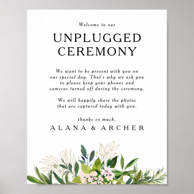 Elegant Olive Greenerity Unplugged Ceremony Sign Poster (Vorne)