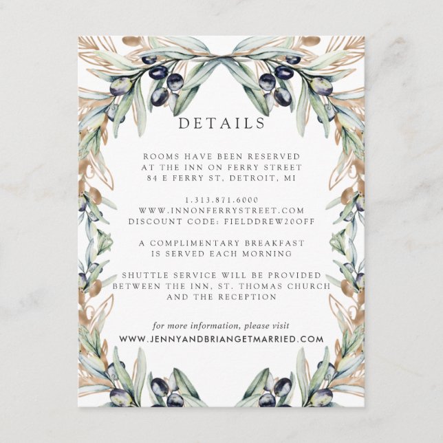 Elegant Olive Grove Boho Wedding Guest Details Begleitkarte (Vorderseite)
