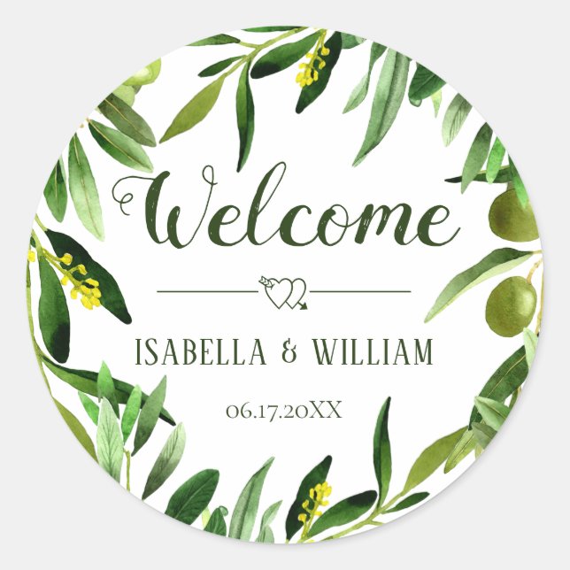 Elegant Olive Leaf Boho Garden Wedding Willkommen Runder Aufkleber (Vorderseite)