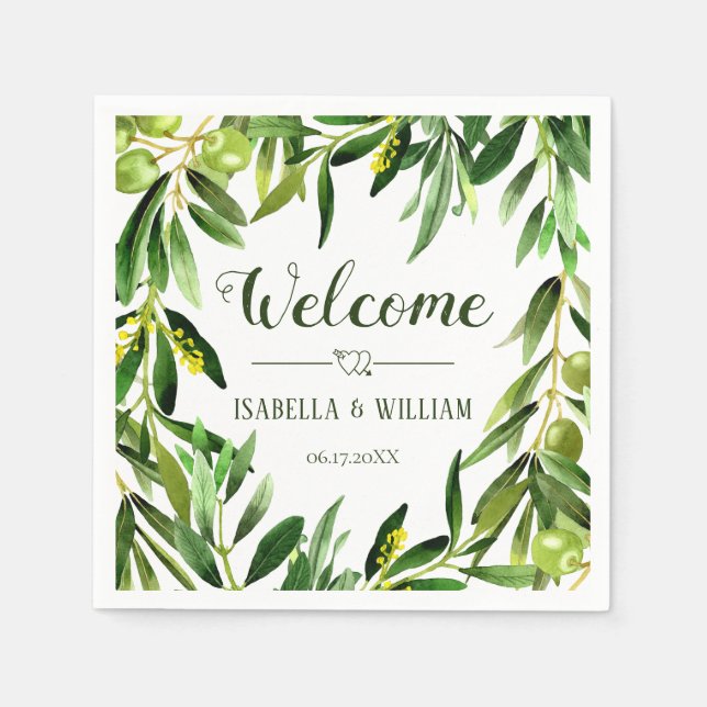 Elegant Olive Leaf Boho Garden Wedding Willkommen Serviette (Vorderseite)