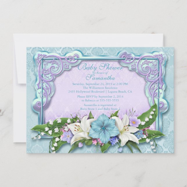 Elegant Ombre Floral Blue Baby Shower Einladung (Vorderseite)