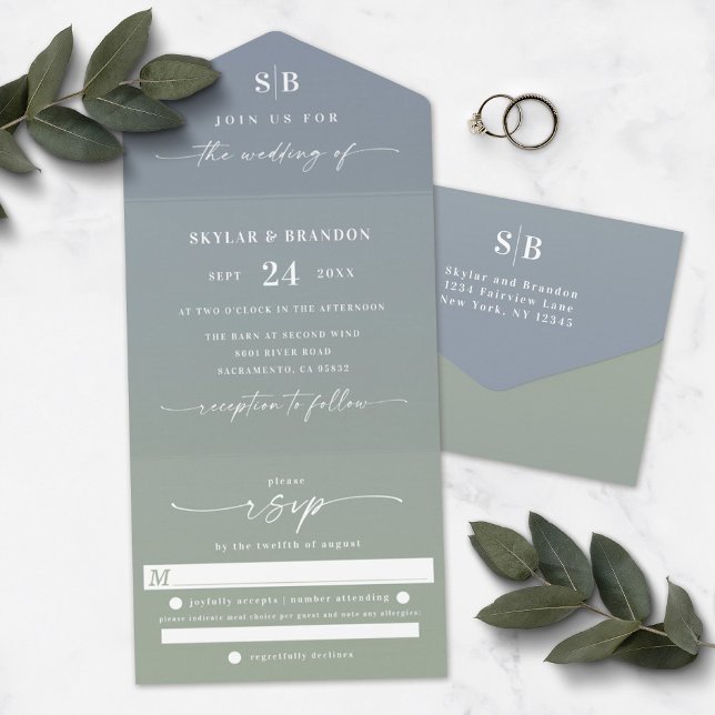 Elegant Ombre Monogram Dusty Blue & Green Wedding All In One Einladung (Von Creator hochgeladen)