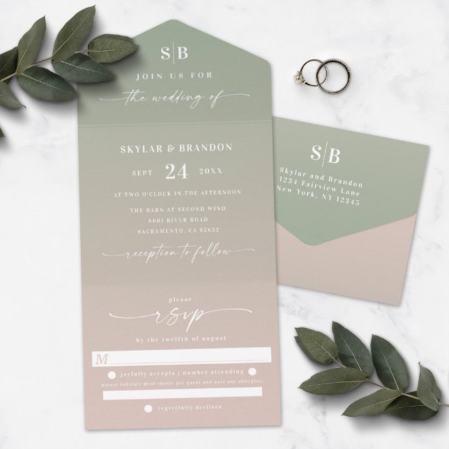 Elegant Ombre Monogram Green & Blush Pink Wedding All In One Einladung (Von Creator hochgeladen)